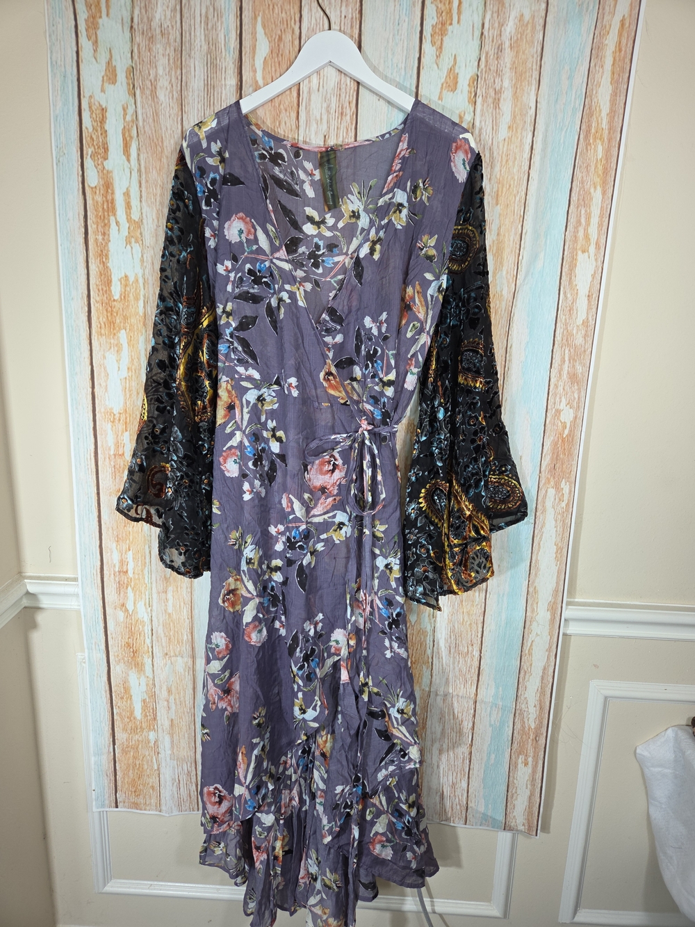 Aratta Silent Journey Sheer Floral True Wrap Hi-Lo Dress Velvet Bell Sleeve. XL